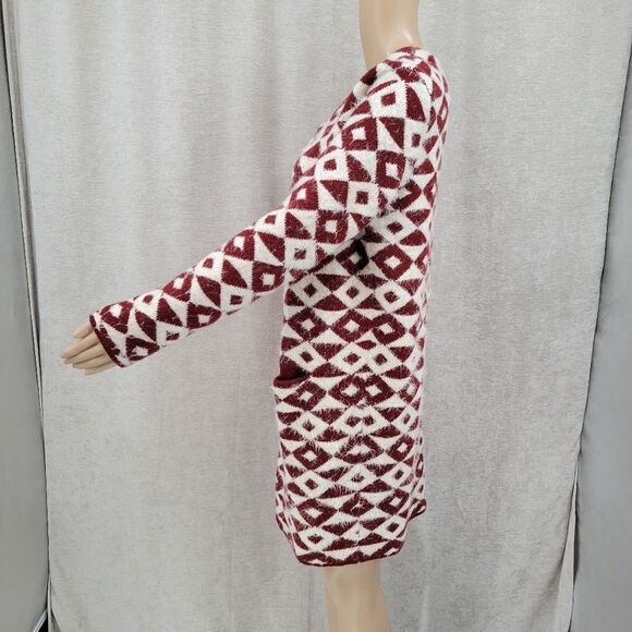 Carapace Longline Cardigan Maroon and White Geometric Aztec Pattern Women's S - Picture 3 of 12